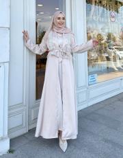 exclusive saten kuş tüylü abaya bej 3