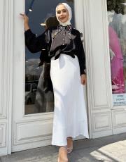 shiny desenli saten etek ekru