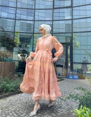 ithal saten düğmeli fisto elbise pudra