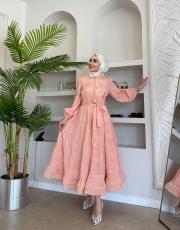 ithal saten düğmeli fisto elbise pudra 2