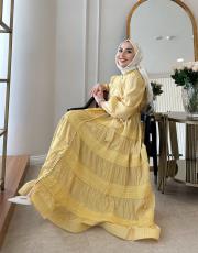 ithal saten düğmeli fisto elbise sarı