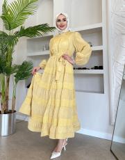 ithal saten düğmeli fisto elbise sarı 2