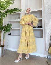 ithal saten düğmeli fisto elbise sarı 3