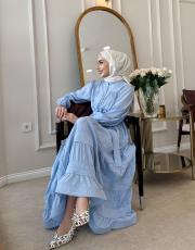 ithal saten düğmeli fisto elbise bebe mavisi