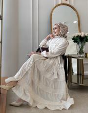 ithal saten düğmeli fisto elbise bej