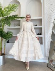 ithal saten düğmeli fisto elbise bej 2