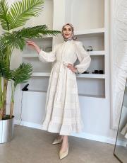 ithal saten düğmeli fisto elbise bej 3