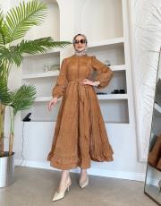 ithal saten düğmeli fisto elbise tarçın