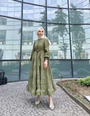 ithal saten düğmeli fisto elbise haki