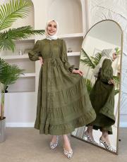 ithal saten düğmeli fisto elbise haki 2