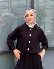 plane keten crop ceket siyah