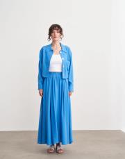 plane keten crop ceket mavi