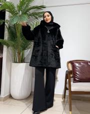 kapşonlu kolu lastikli kürk siyah