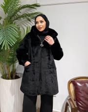 kapşonlu kolu lastikli kürk siyah 2