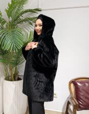 kapşonlu kolu lastikli kürk siyah 3