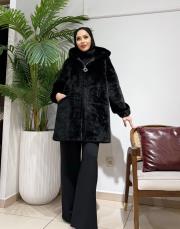 kapşonlu kolu lastikli kürk siyah 4