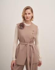 esla çiçek broşlu kuşaklı yelek camel