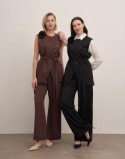 esla çiçek broşlu kuşaklı yelek kahve 5