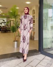 pliseli desenli elbise bej