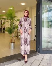 pliseli desenli elbise bej 2