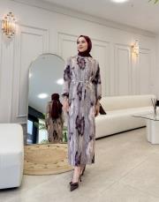 pliseli desenli elbise bej 3