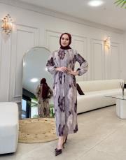 pliseli desenli elbise bej 4