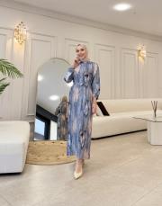 pliseli desenli elbise mavi