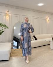 pliseli desenli elbise mavi 2