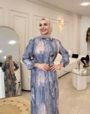 pliseli desenli elbise mavi 3