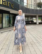 pliseli desenli elbise mavi 4