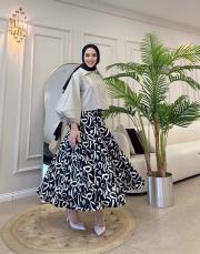 desenli saten etek lacivert