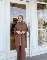 begonıa pamuk keten nakışlı gömlek kahve