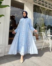 dantel detay düğmeli elbise bebe mavisi