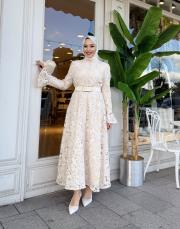 güpür düğmeli kemerli ithal krem