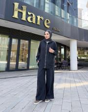 bomber ceketli bol paça takım siyah