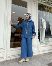 bomber ceketli bol paça takım buz mavi