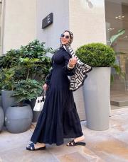 minelya keten volan detay elbise siyah