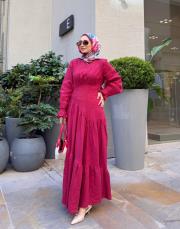 minelya keten volan detay elbise bordo