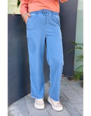 beli lastikli tensel bol paça pantolon buz mavi