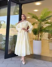 fırfır detay kat kat elbise sarı