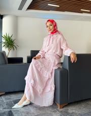 fular detaylı kat kat etekli takım pembe 3