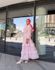 fular detaylı kat kat etekli takım pembe 4