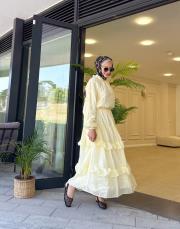 fular detaylı kat kat etekli takım sarı 3