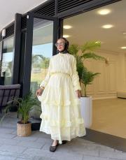 fular detaylı kat kat etekli takım sarı 4