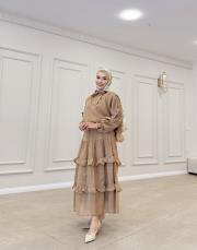 fular detaylı kat kat etekli takım vizon 4