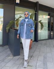 düğme detay kot ceket mavi