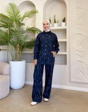 düz taşlı denim takım lacivert