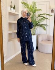 düz taşlı denim takım lacivert 6