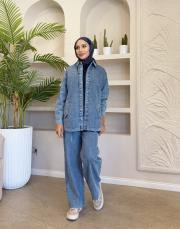 düz taşlı denim takım mavi