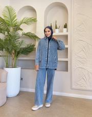 düz taşlı denim takım mavi 2